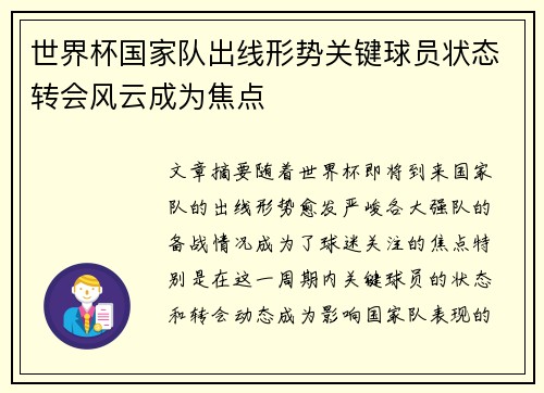 世界杯国家队出线形势关键球员状态转会风云成为焦点